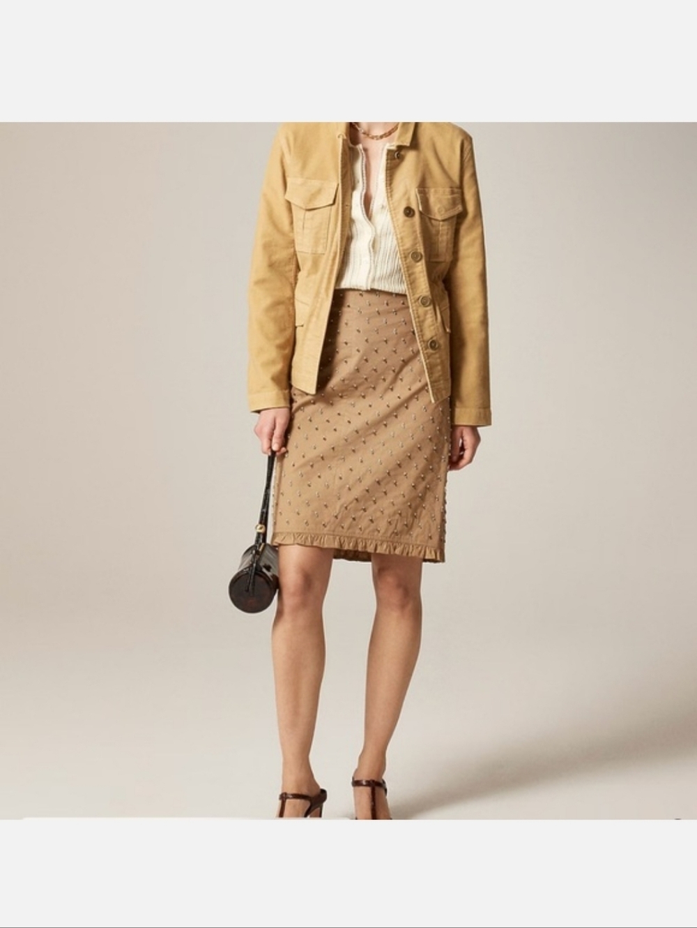 J.crew Collection embellished ruffle-trim pencil midi skirt chino Sz 6 Tan Brown